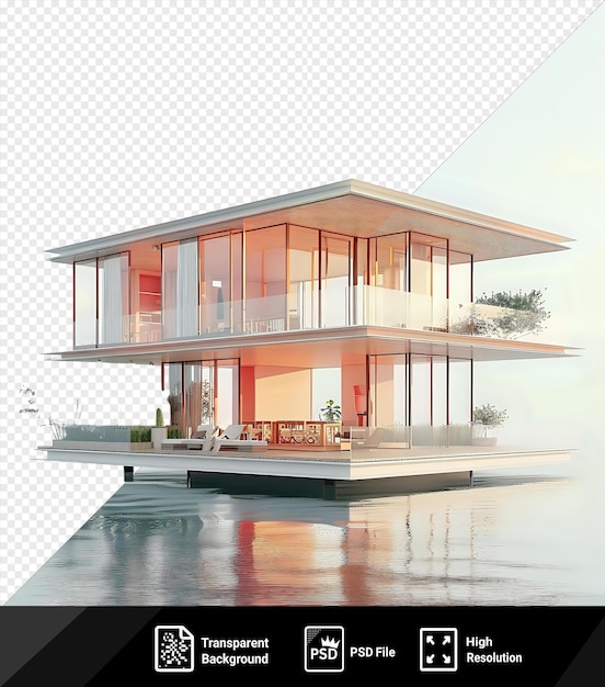 PSD psd floating house on the water surrounded by lush greenery and a clear blue sky with a white chair for relaxation png