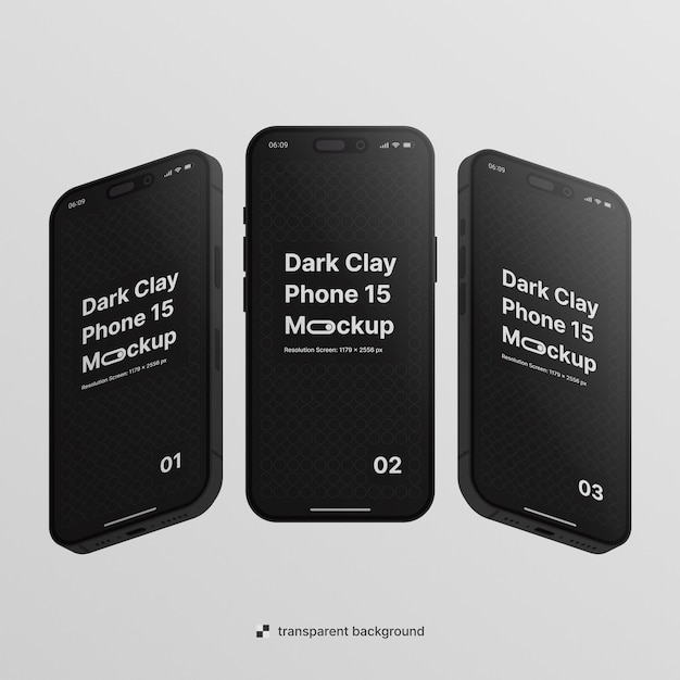 PSD Floating Isometric Clay Dark Phone Multiscreen Mockup with editable background