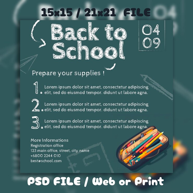 PSD список материалов или инструкций для backtoschool с забавными рисунками