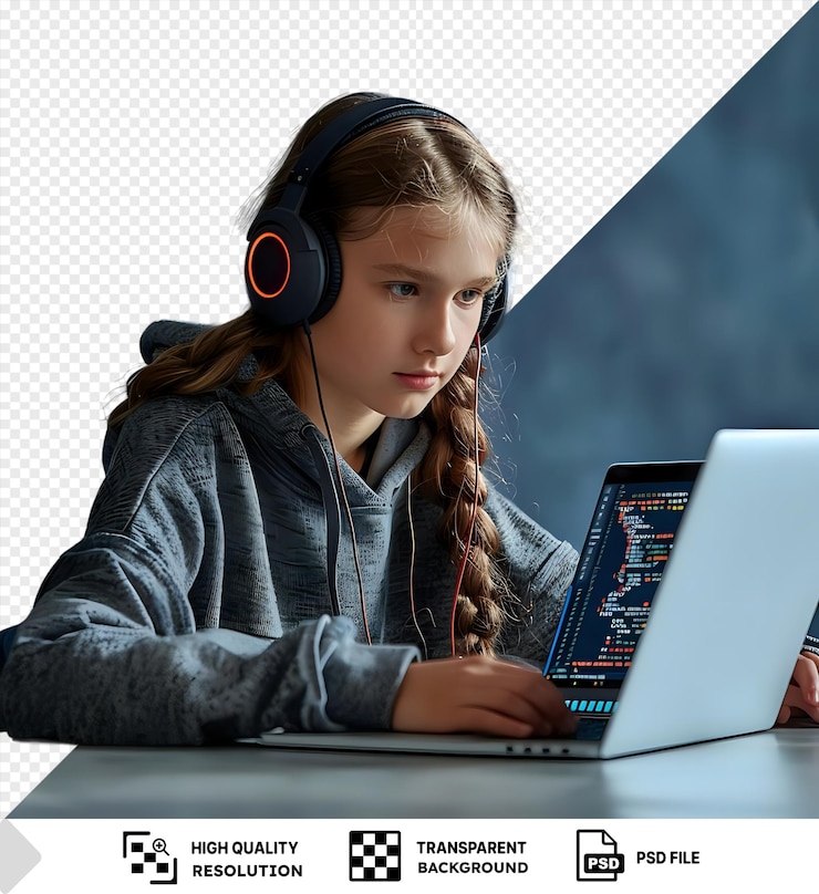 PSD psd focused teenager with headphones who programs on a laptop png psd