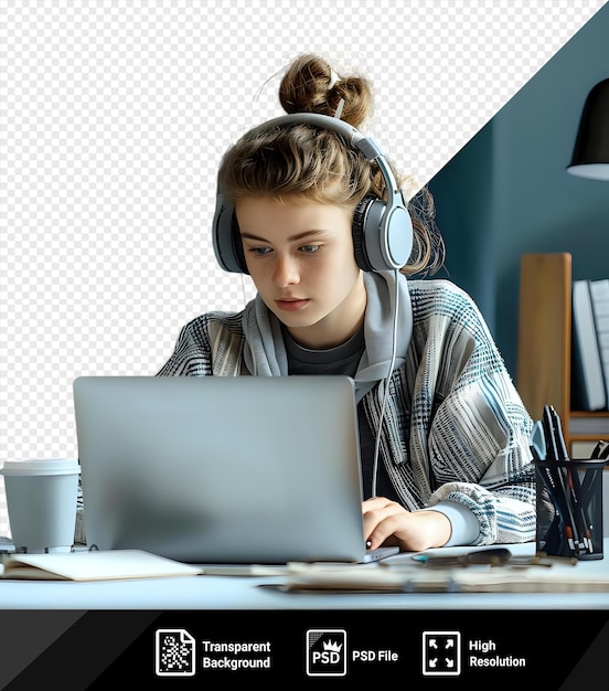 Psd focused teenager with headphones who programs on a laptop png