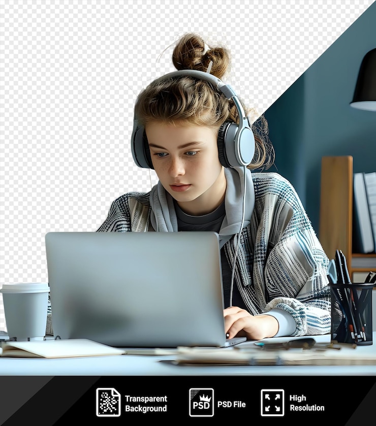 PSD psd focused teenager with headphones who programs on a laptop png