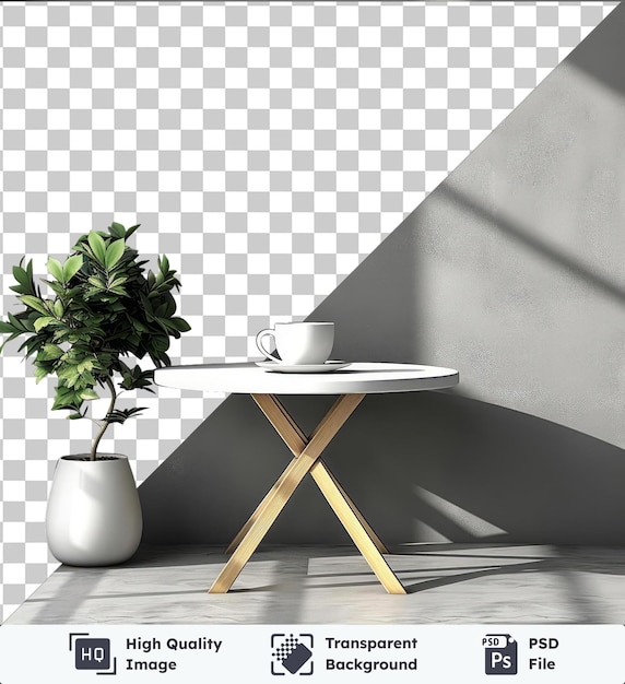 Psd foto café tafel versierd met een groene plant en witte beker geplaatst tegen een grijze en witte muur met een houten been en schaduw op de voorgrond
