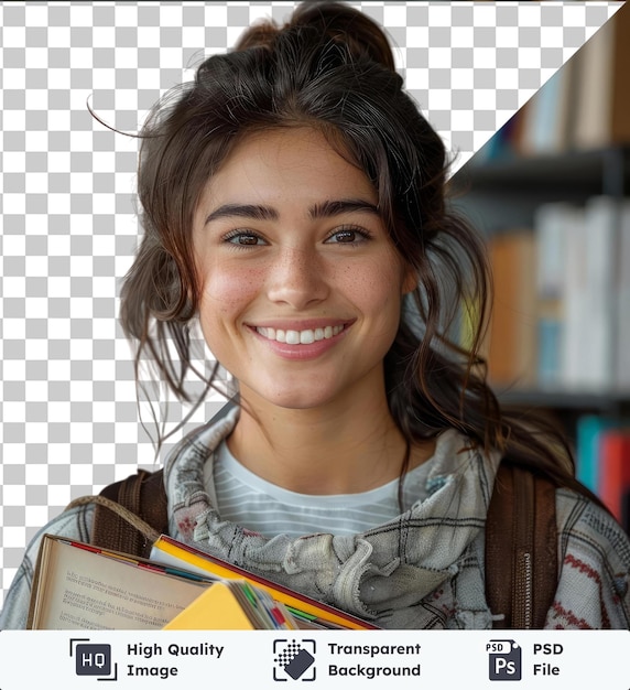 Psd foto portret van glimlachende jonge college student met boeken en rugzak met bruin haar blauw en bruine ogen een grote neus en een bruine riem