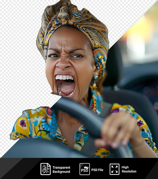 Psd foto woedende chauffeur die schreeuwt in het verkeer terwijl hij een kleurrijk shirt en zilveren oorbel draagt met een glimlachend gezicht en open mond en een hand zichtbaar op de voorgrond png