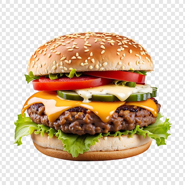 Psd burger di manzo e pollo a formaggio fresco isolato png premium su sfondo trasparente