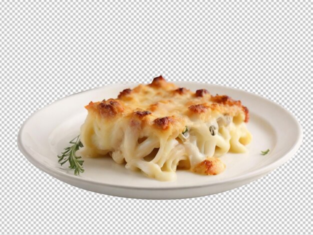 Psd of a fresh chicon au gratin on white plate