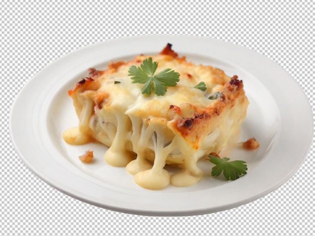 Psd of a fresh chicon au gratin on white plate