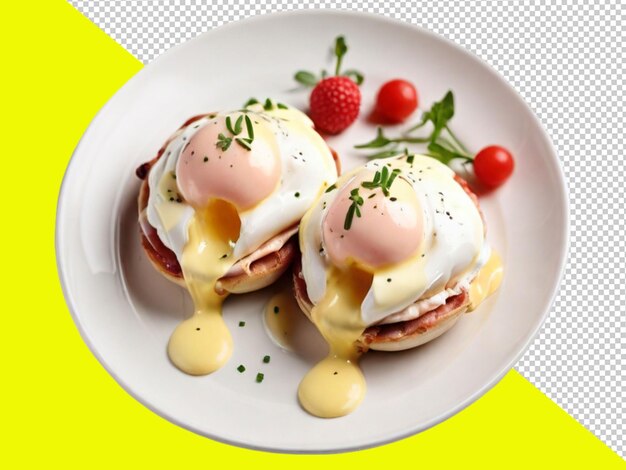 Psd of a fresh eggs on benedicts on white plate on transparent background