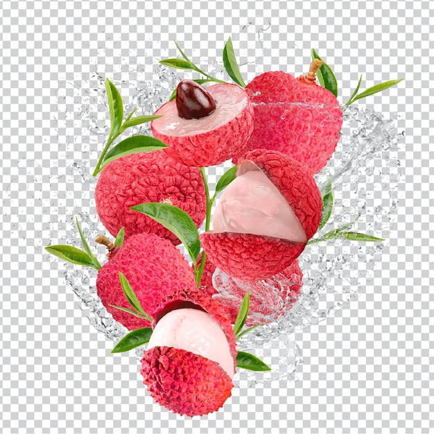 Psd fresh lychee or litchi fruit and tea leaves with water splash isolated over alpha background