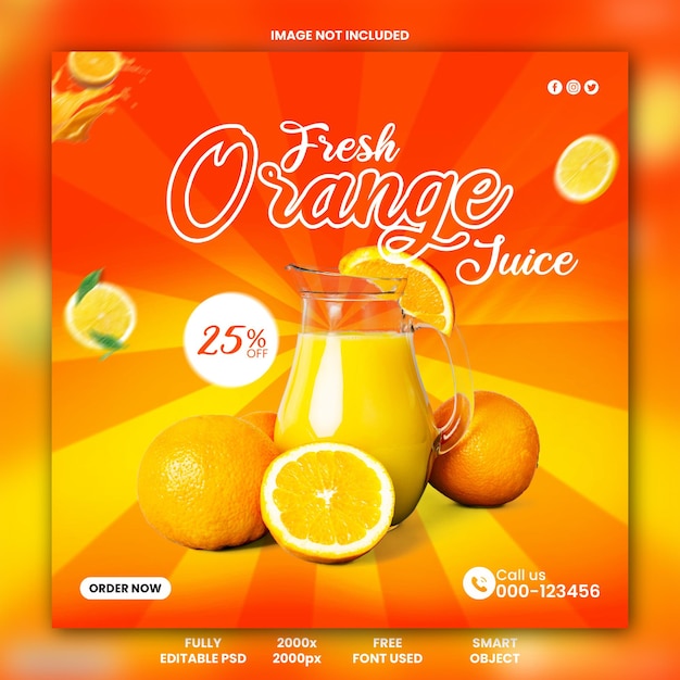 PSD 新鮮なオレンジジュース メニュー ソーシャルメディア バナー テンプレート デザイン