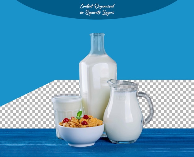 Psd fresh organic milk with a bowl of oats isolated on transparent background