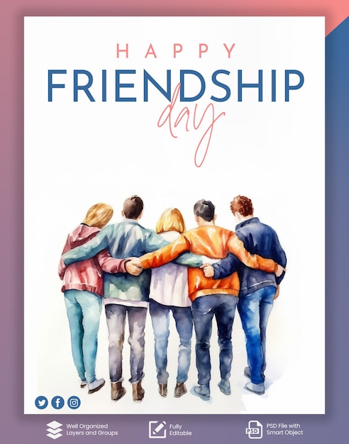 PSD psd of friendship day poster with watercolor painting of friends