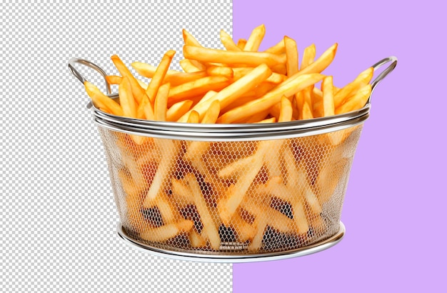 Картофель фри в металлической корзине на прозрачном фоне