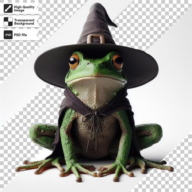 PSD psdのカエルは編集可能なマスクレイヤーの透明な背景で魔女の帽子をかぶっています