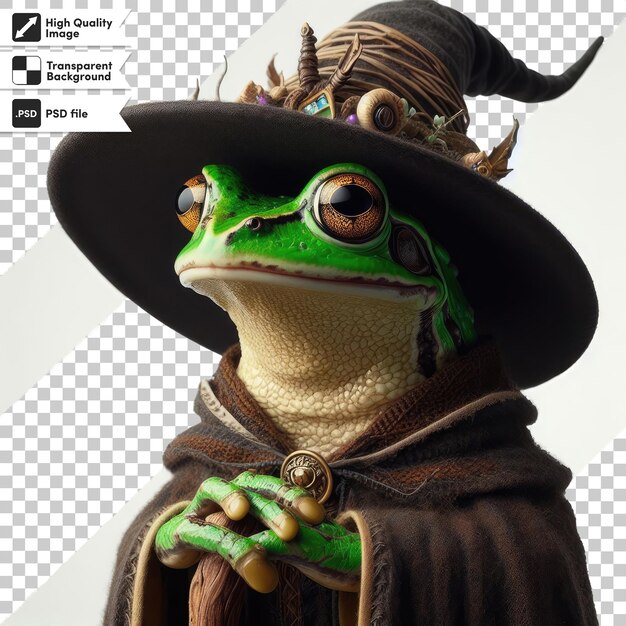 Psdのカエルは編集可能なマスクレイヤーの透明な背景で魔女の帽子をかぶっています