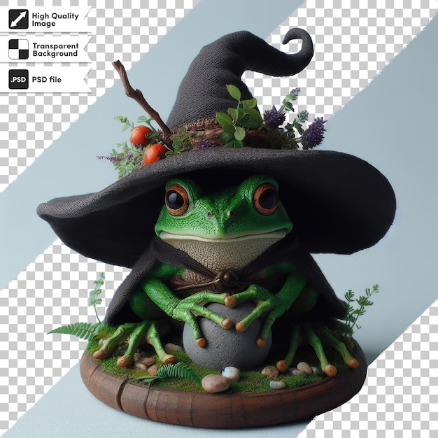 PSD psd frog in a witch hat on transparent background with editable mask layer