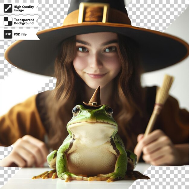 Psd frog in a witch hat on transparent background with editable mask layer