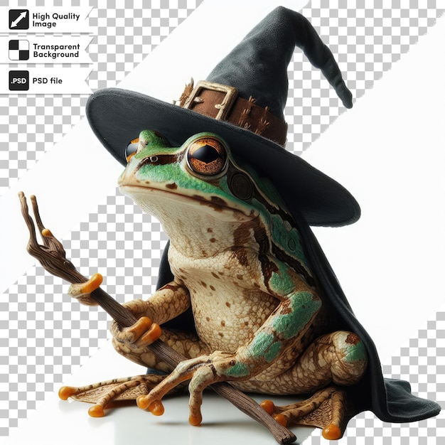 Psd frog in a witch hat on transparent background with editable mask layer