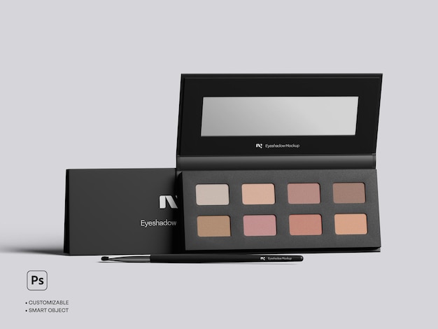 PSD psd front view of eyeshadow palette with brush applicator mockup