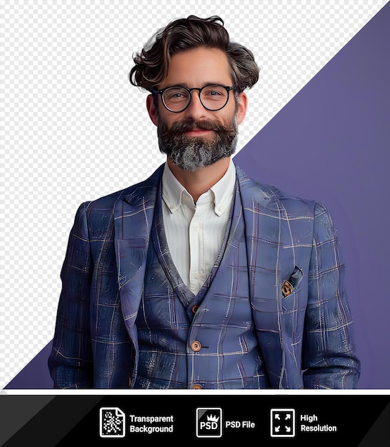 PSD psd funny male tailor on white shirt with black glasses and gray beard standing in front of purple wall with brown hair and small ear visible