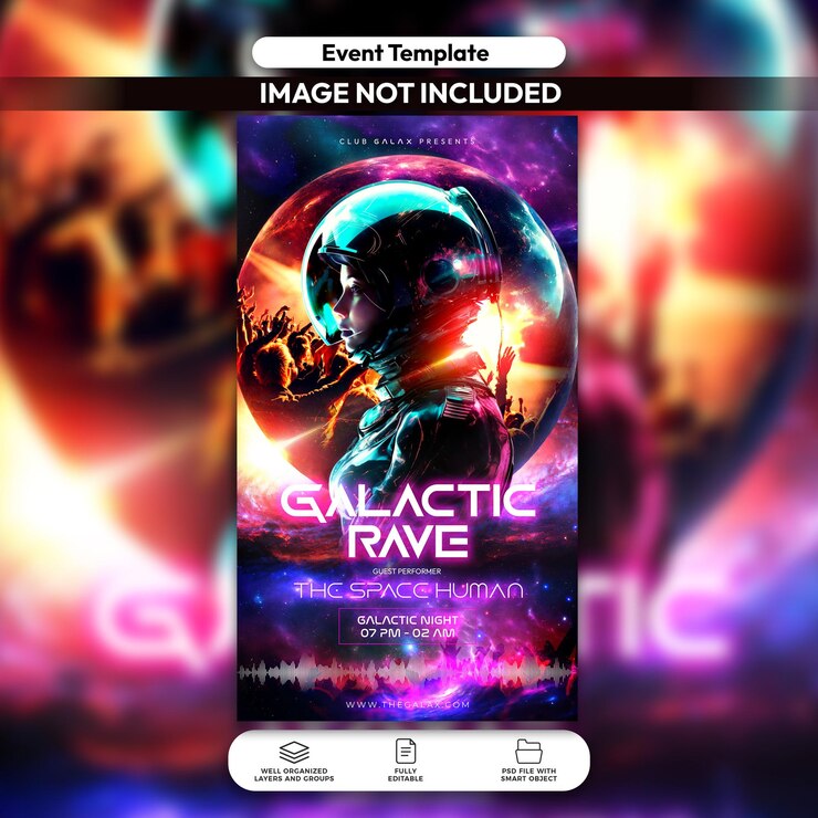 PSD psd galactic rave concert flyer and social media post template
