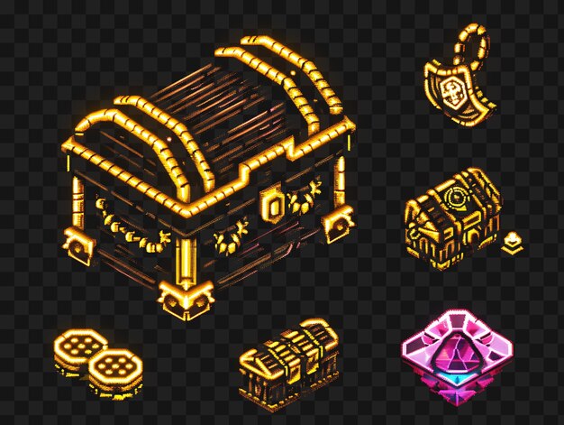 PSD psd game assets pixel art items concept designs and tshirt graphics tattoo collage y2k neon glow