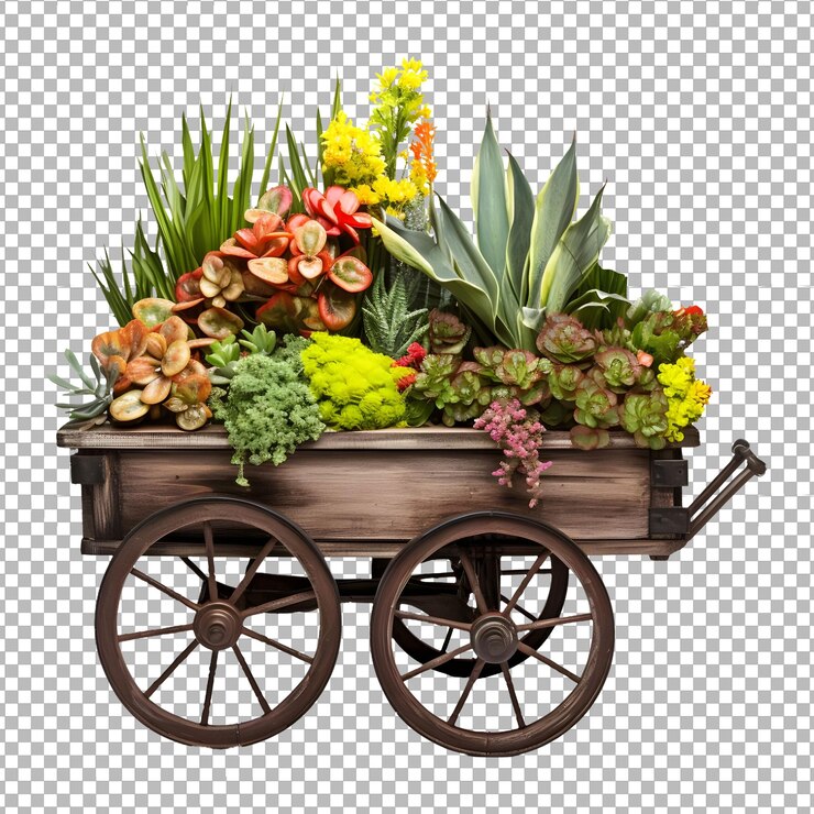 PSD psd garden cart with full of plants and flowers isolated on transparent background