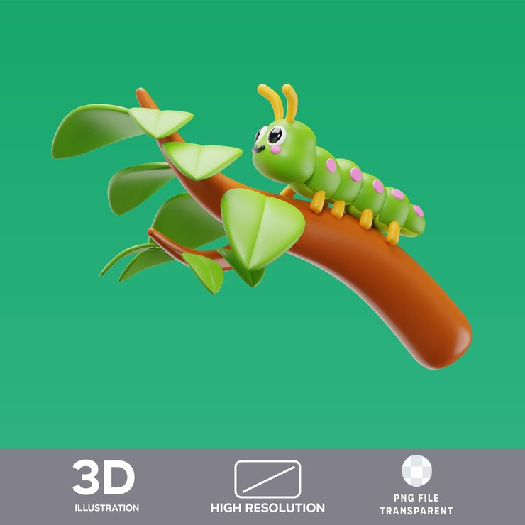PSD psd gąsienica na drzewie 3d ilustracja