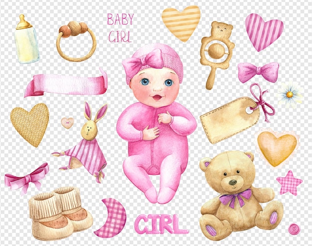 PSD psd gelaagde babyjongen clipart set pasgeboren collectie baby shower speelgoed teddybeer illustratie