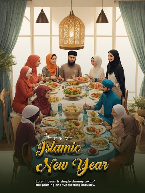 PSD psd gelukkig islamitisch nieuwjaar poster met familiebijeenkomst rond een tafel om een maaltijd te delen