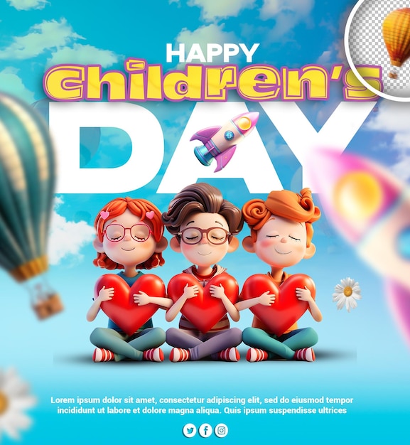 PSD gelukkige kinderdag bewerkbare postontwerp voor sociale media met illustratie achtergrond voor kinderen