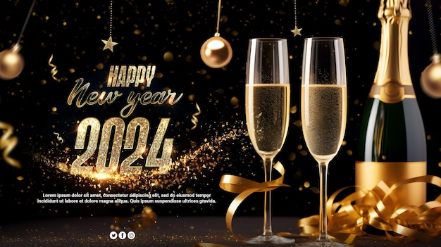 PSD Gelukkige nieuwjaar 2024 viering nacht banner sjabloon
