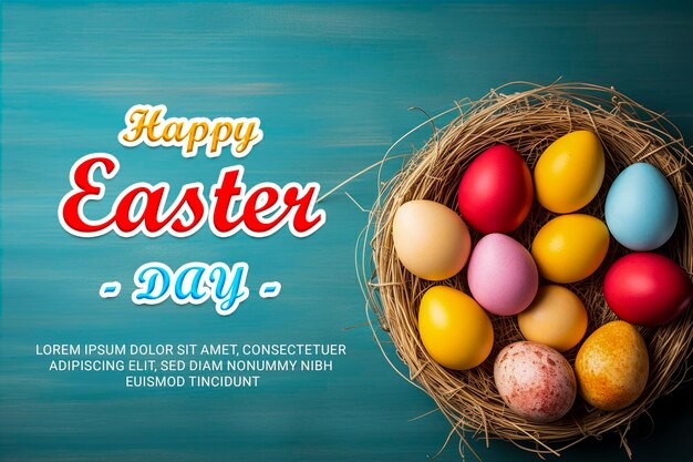 PSD gelukkige paasdag poster sjabloon met een achtergrond van kleurrijke eieren en konijnen in de weide
