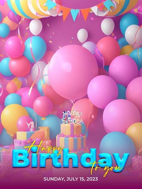 PSD psd gelukkige verjaardag poster met ballonnen heerlijke verjaardagstaart en geschenkdoos achtergrond