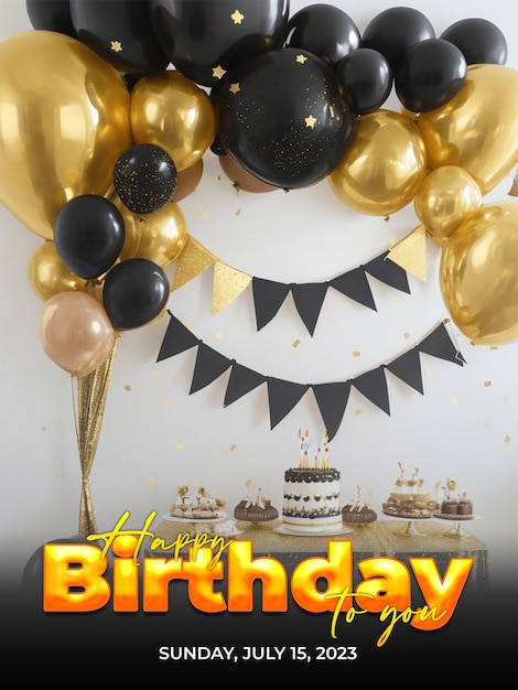 Psd gelukkige verjaardag poster met ballonnen heerlijke verjaardagstaart en geschenkdoos achtergrond