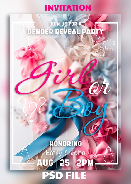 PSD psd gender reveal flyer levendige en kleurrijke feestuitnodiging