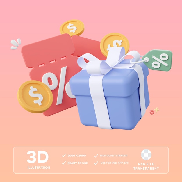 할인 코드와 함께 PSD 선물 상자 3D 일러스트레이션