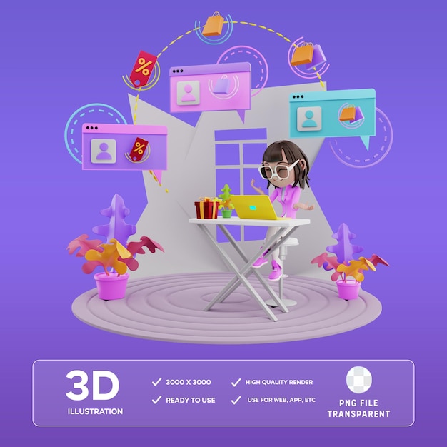 オンラインショッピングをしている PSD ガール 3D イラスト
