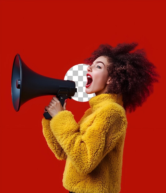 PSD girl holding mega phone with PNG background for design Black Friday discount sale post