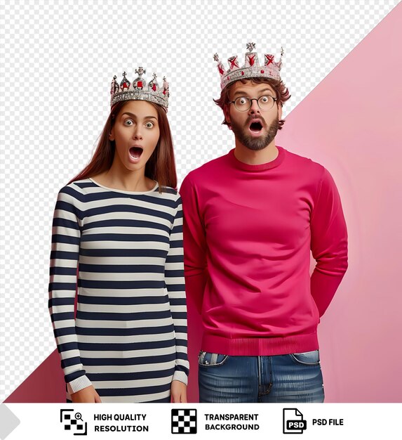 Psd a girl in striped sweater standing near a surprised man in a crown png