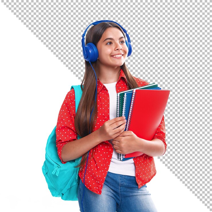 PSD psd a girl with headphones and a book on a transparent realistic background