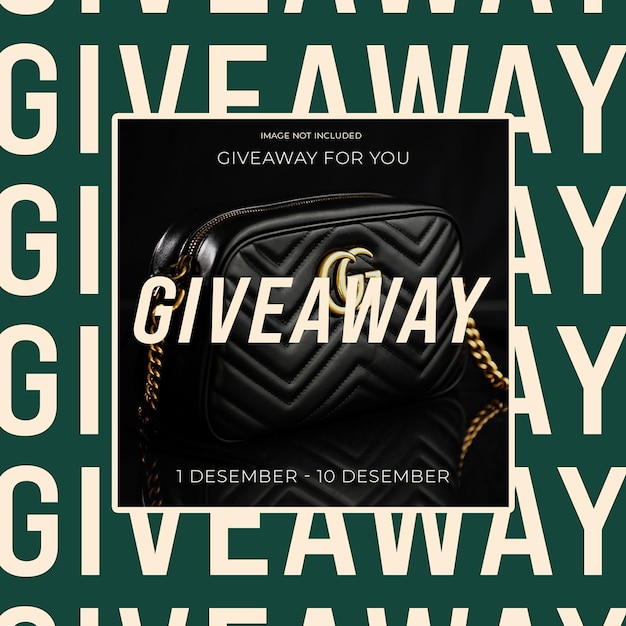 Psd giveaway su sfondo tipografico verde e modello di post instagram di foto prodotto