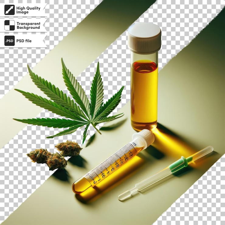 PSD psd glass bottle of oil with leaf on transparent background