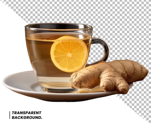 PSD psd glass cup of hot ginger tea with ginger root and slices isolated