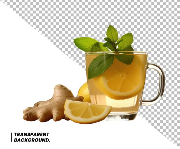 PSD psd glass cup of hot ginger tea with ginger root and slices isolated