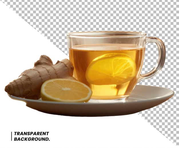 PSD psd glass cup of hot ginger tea with ginger root and slices isolated