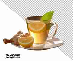 PSD psd glass cup of hot ginger tea with ginger root and slices isolated