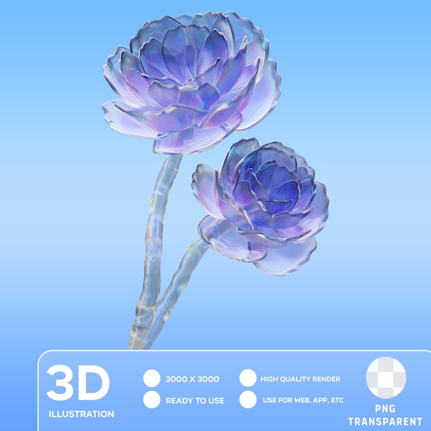 Illustrazione 3d dell'elemento di fiore di vetro psd