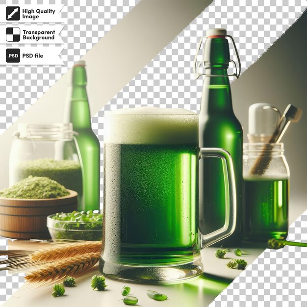 Psd glass of green beer on transparent background with editable mask layer